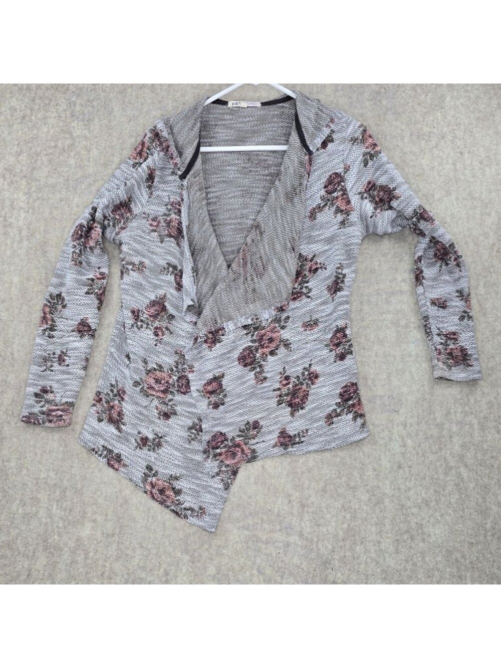 Jolt Womens Floral Knit Asymmetrical Cardigan Size L Gray & Pink Rayon Blend